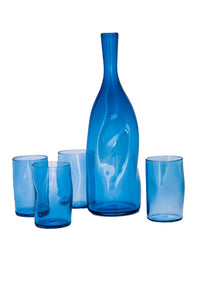 CRINKLE SET - Handmade Decanter With Four Glasses - Blue