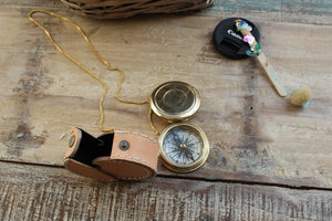 Functional brass pocket compass with leather case
