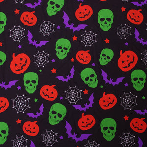 Halloween Hand Block Print 100% Cotton Spooky Scary Skulls, Pumpkins ,Bats Fabric Cloth