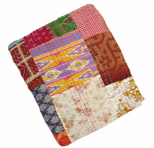 Silk Patchwork Multicoloured Hand Stiched Kantha Quilt