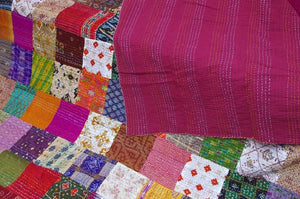 Silk Patchwork Multicoloured Hand Stiched Kantha Quilt