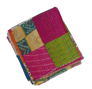 Silk Patchwork Multicoloured Hand Stiched Kantha Quilt