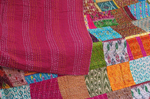 Silk Patchwork Multicoloured Hand Stiched Kantha Quilt