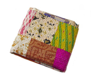 Silk Patchwork Multicoloured Hand Stiched Kantha Quilt