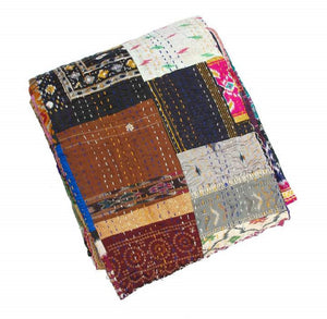 Silk Patchwork Multicoloured Hand Stiched Kantha Quilt