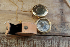 Functional brass pocket compass with leather case