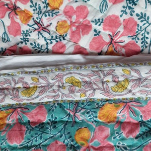 Hibiscus Hand Block Printed Kantha Quilt - 3 Bed Sizes