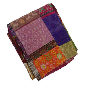 Silk Patchwork Multicoloured Hand Stiched Kantha Quilt