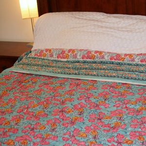 Hibiscus Hand Block Printed Kantha Quilt - 3 Bed Sizes